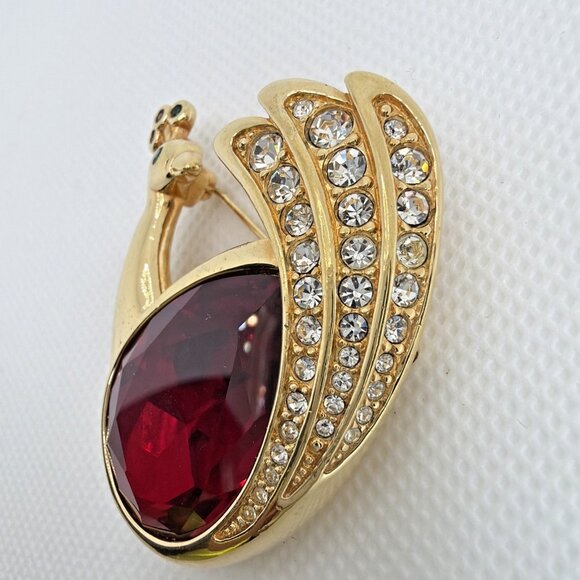 Swarovski Retired Peacock Brooch Vintage Gold Tone Red Crystal Swan Signed Rare - Picture 3 of 10
